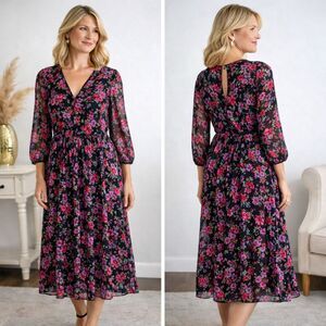 Calvin Klein Floral Faux Wrap Midi Dress Long Sleeve Size 12 NWT